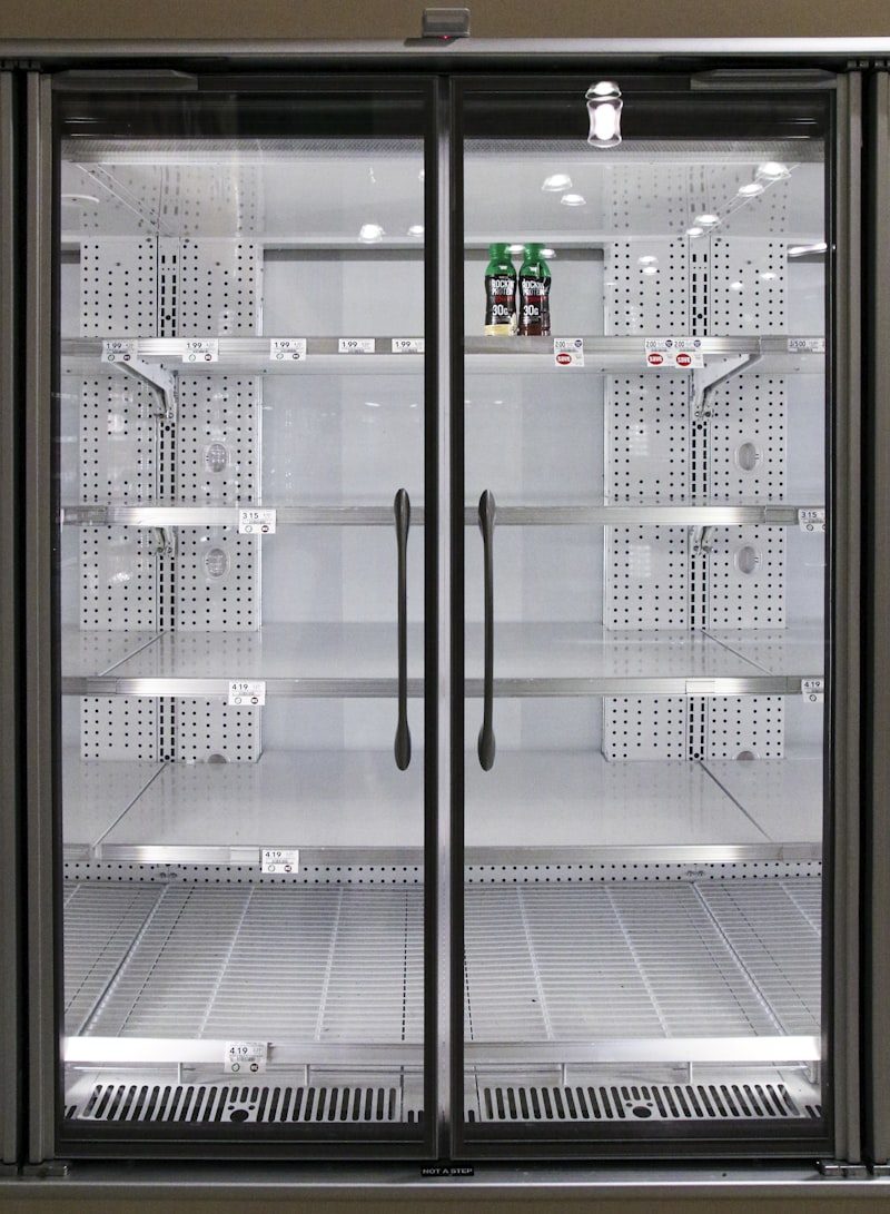 A commercial glass-door fridge