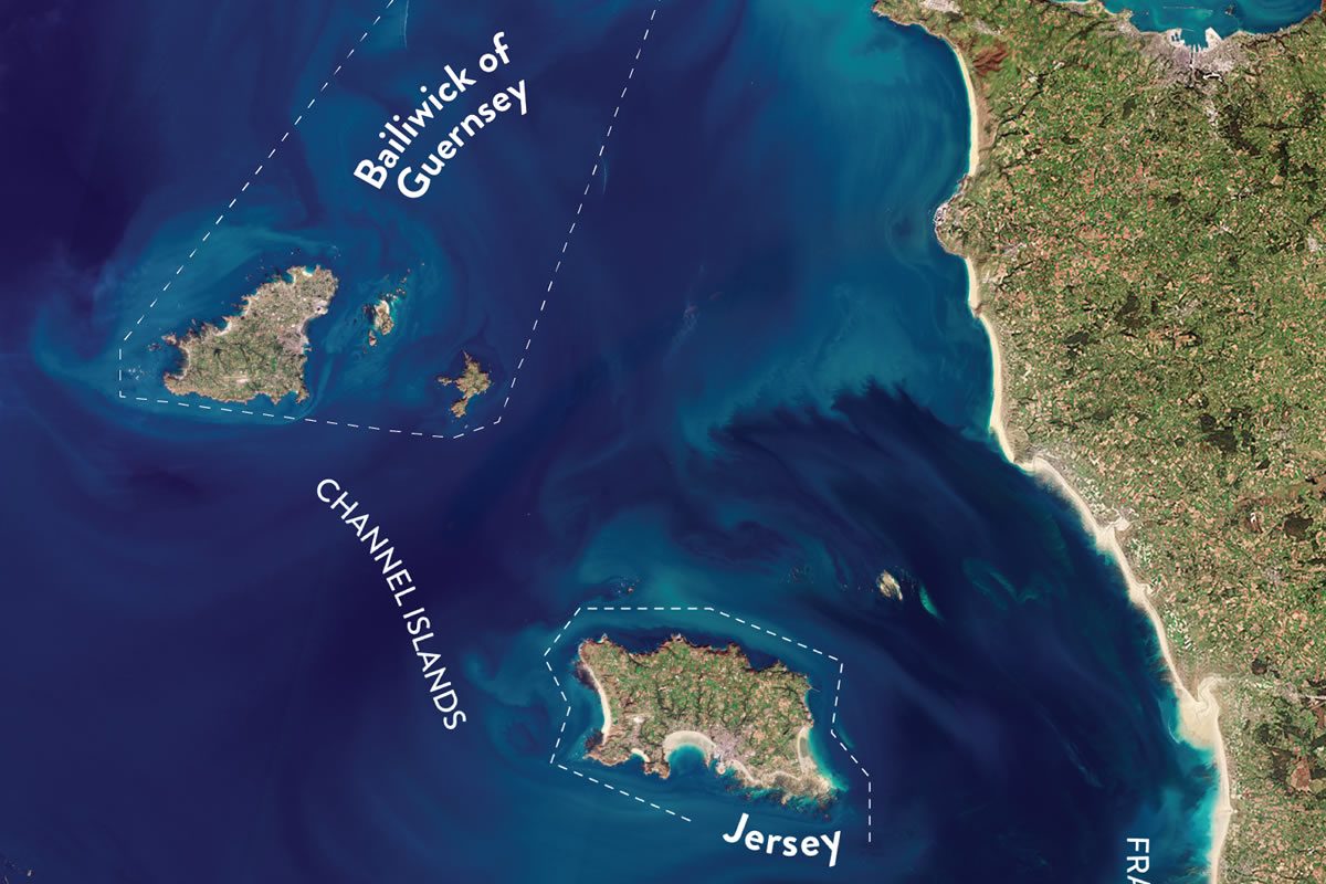 Satellite view of Jersey and the Bailiwick of Guernsey