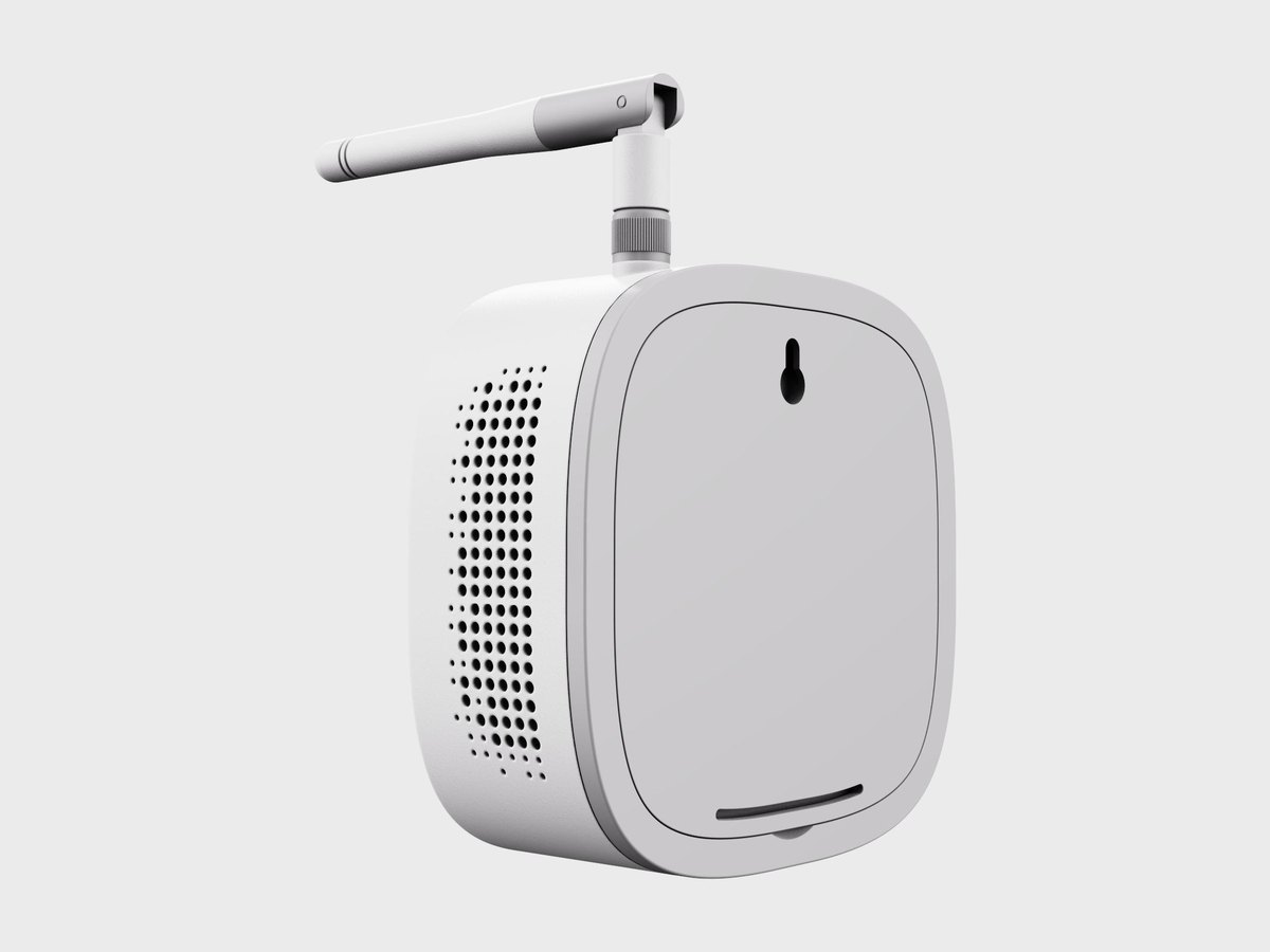 Back of the IoT CI radon monitor, showing the keyhole slot for wall mounting