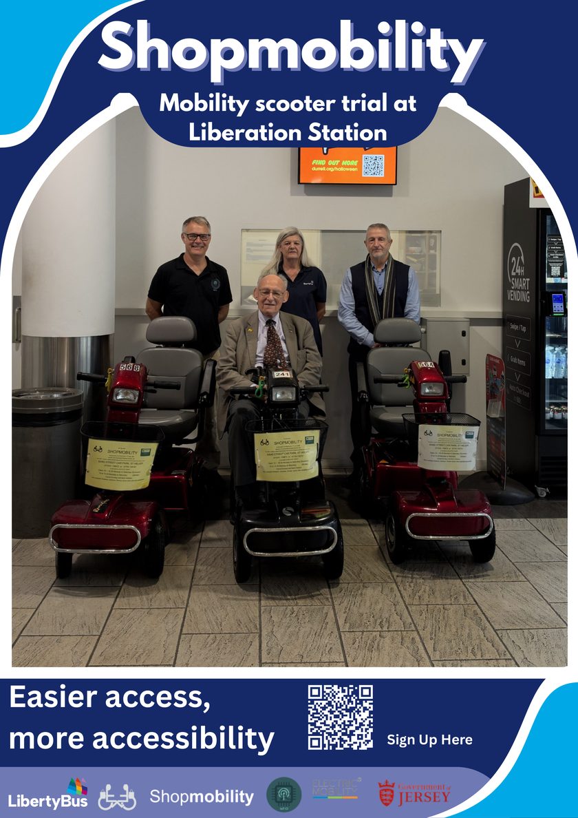 Shopmobility poster: Mobility scooter trial at Liberation Station. The project team with three mobility scooters inside the station, the line 'Easier access, more accessibility', a sign-up QR code and the partners' logos.
